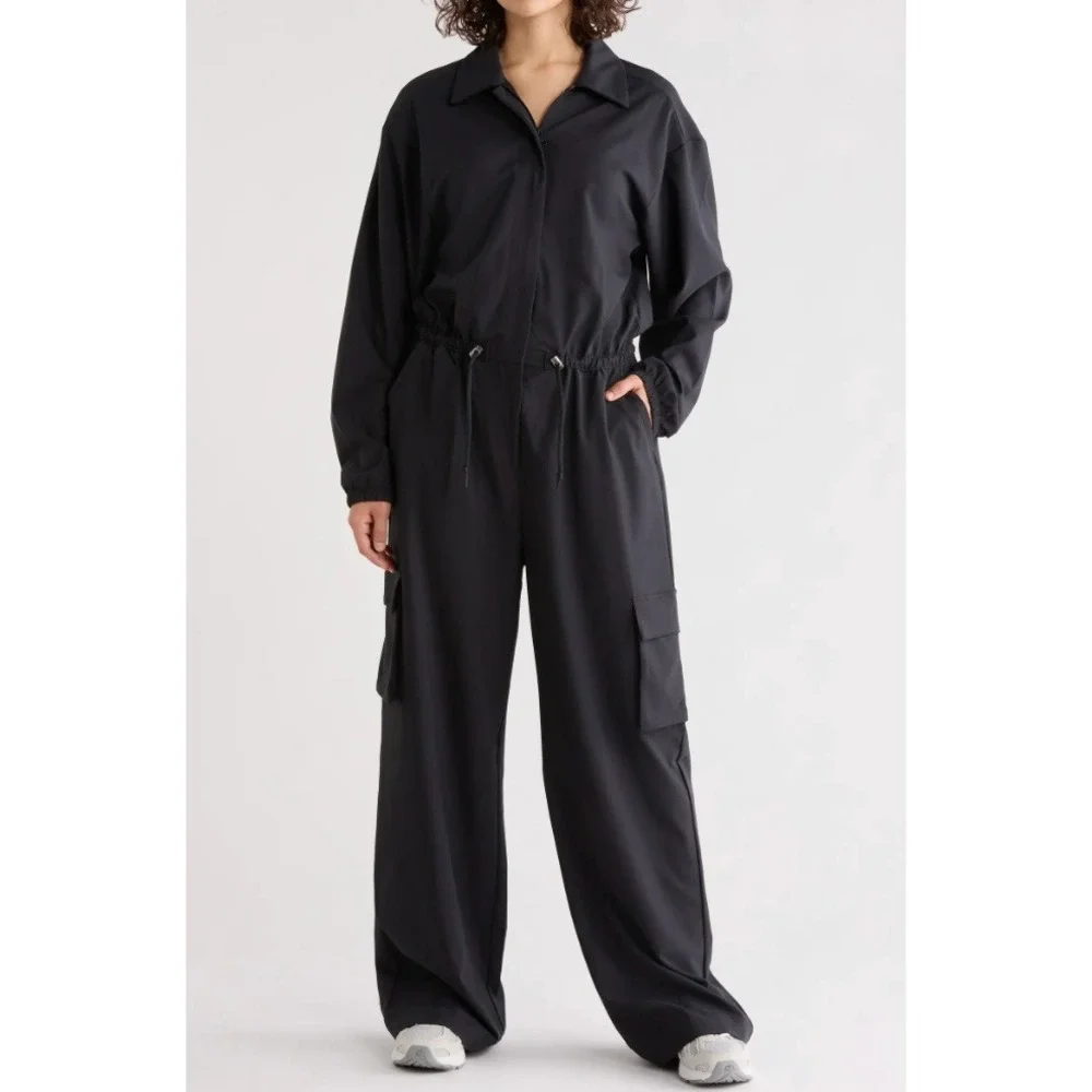 Beyond Yoga City Chic Cargo Jumpsuit Women M Black Long Sleev Drawstring Utility